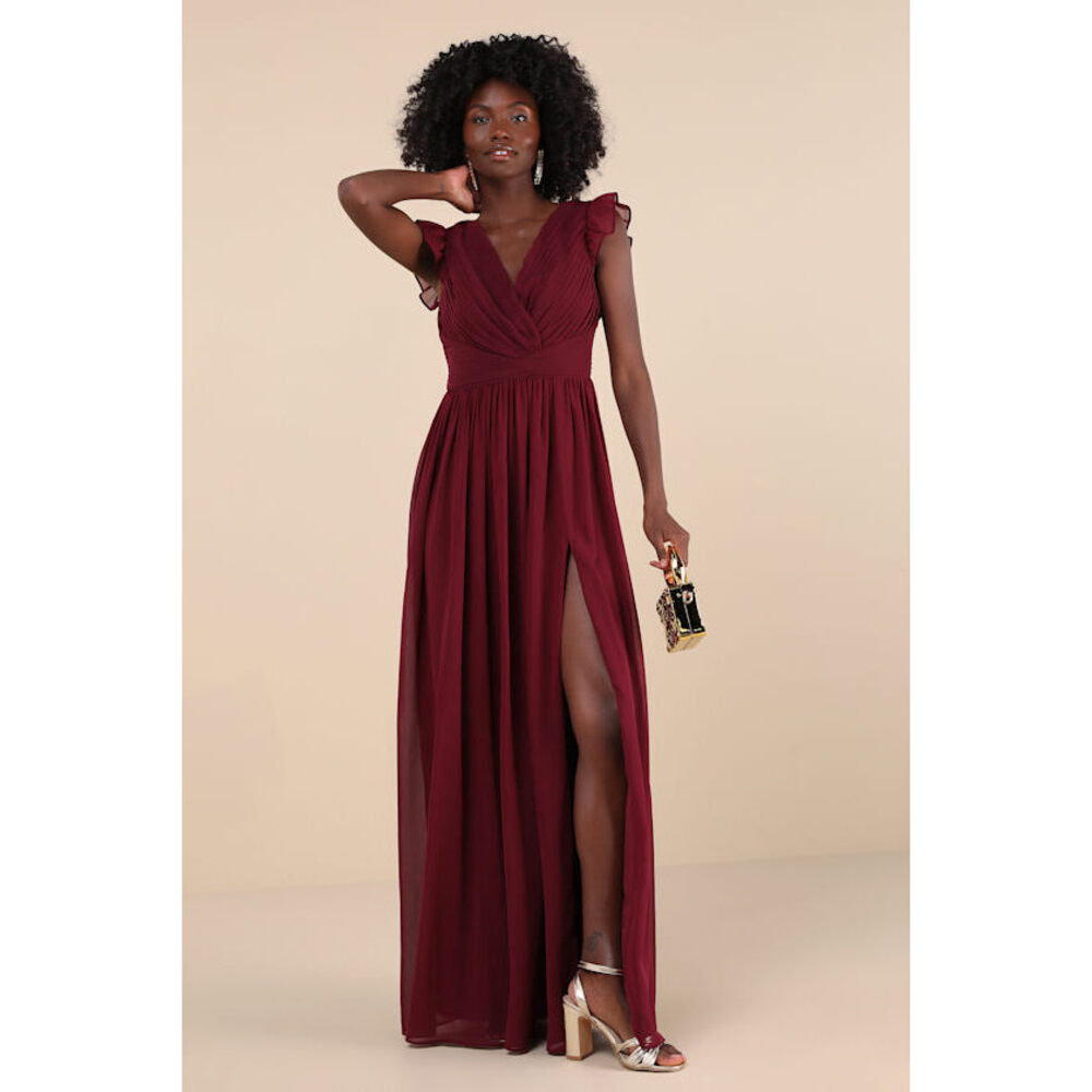 Lulus Gorgeous Goal Burgundy Pleated Backless Surplice Maxi Dress Red - Size L